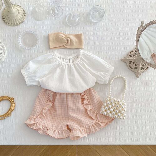 Summer Ins Baby Fresh Lantern Sleeve Buckle Top + Plaid Shor