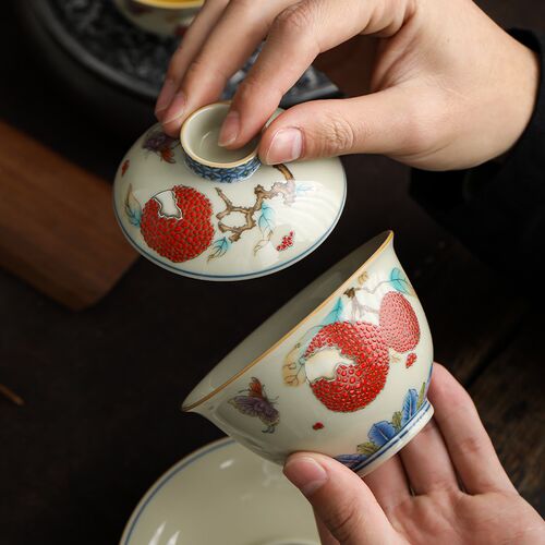 荔枝元宝盖碗茶杯陶瓷中式家用高档精致泡茶碗单个不烫手功夫茶具
