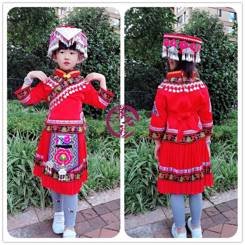 新款贝壳女童装云南民族服装羌族傈僳族女童套装玫红大红色两件套