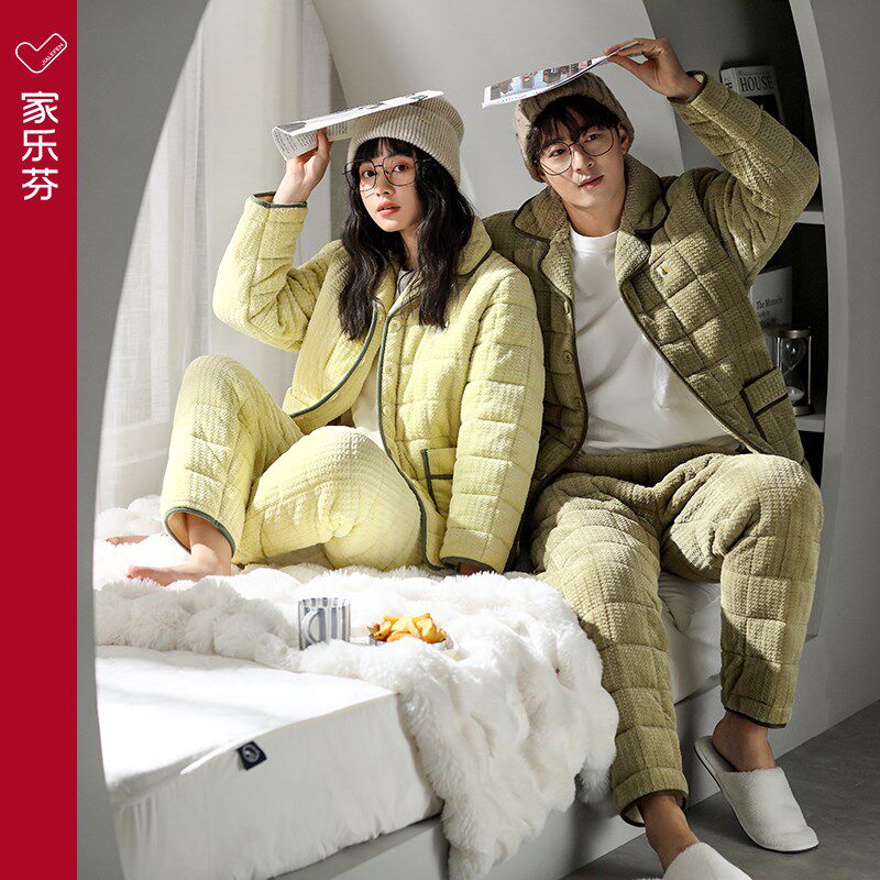 情侣睡衣男冬天珊瑚绒法兰绒三层加厚夹棉加绒家居服女秋冬款冬季