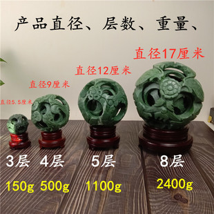 天然玉石鲁山绿套球转心球同心鬼工球转球镂空浮雕透雕圆雕龙凤纹