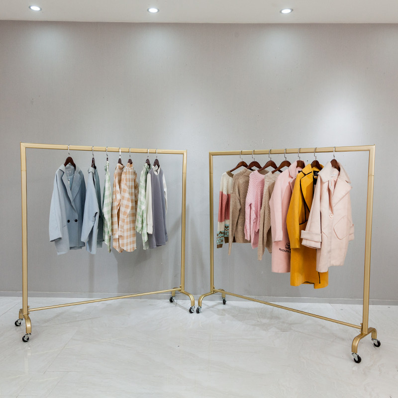 服装店展示架落地式金色挂衣架女装店货架中岛架简约衣服架带滑轮