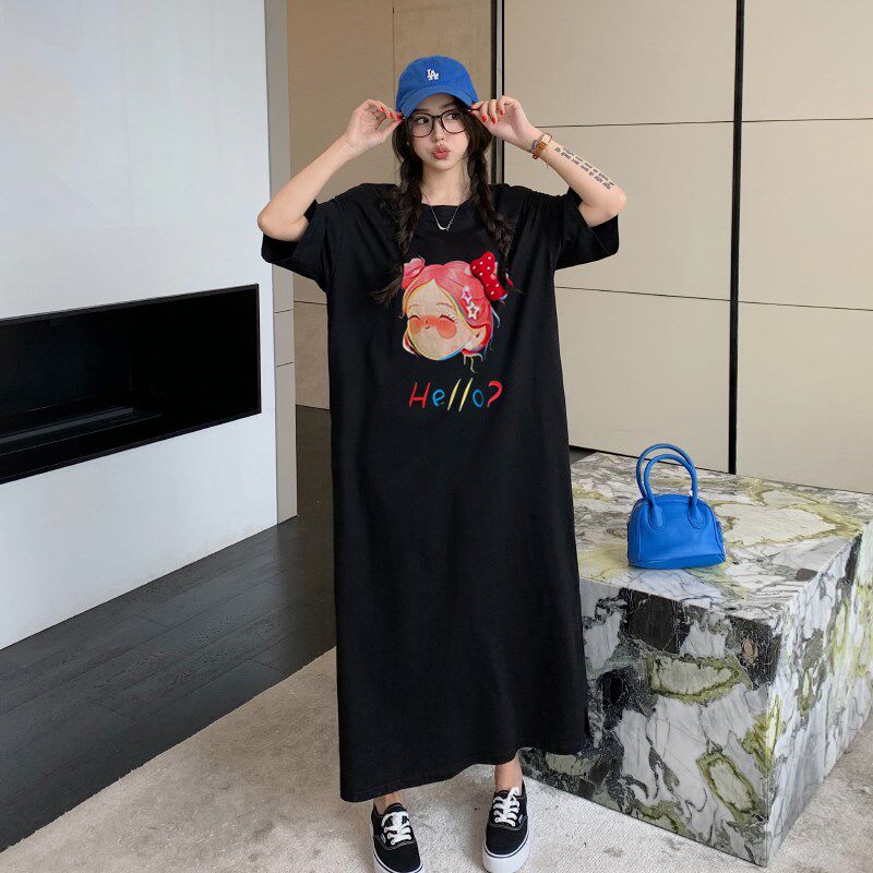 微胖女生连衣裙女夏季新款胖mm大码短袖t恤裙宽松及踝纯棉长裙子