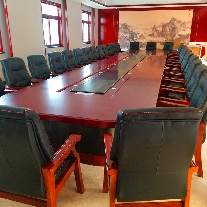 会议桌长桌椭圆形贴实木皮大型油漆会议台多人开会桌中式桌椅组合