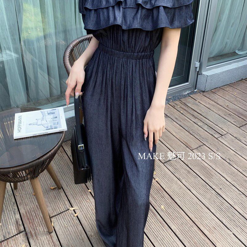 一字肩荷叶边牛仔连体裤夏季女士学生长裤高腰宽松薄款透气防晒显
