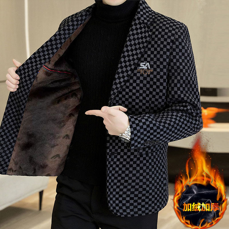 秋冬款西服外套中年男士商务气质高级感加绒加厚保暖修身呢子外套