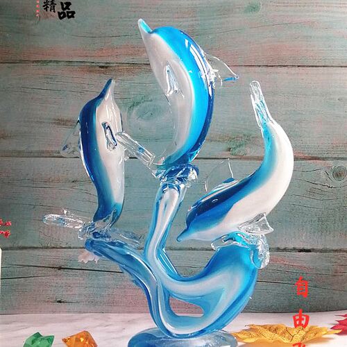 水晶博山琉璃摆件海豚客厅创意桌面玻璃工艺品酒柜电视柜家居饰品