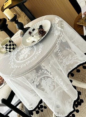 法式复古白色蕾丝桌布中古风黑白系风格装饰茶几台布床头柜盖巾