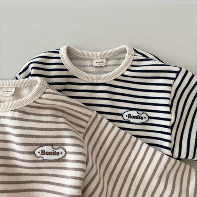 Ins Spring nd utumn Striped Bby Boys nd Girls Long-sleeved C