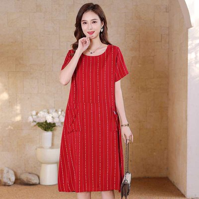 Summer Ms otton Silk ress Womens Egant Short-seve Mi-ngth