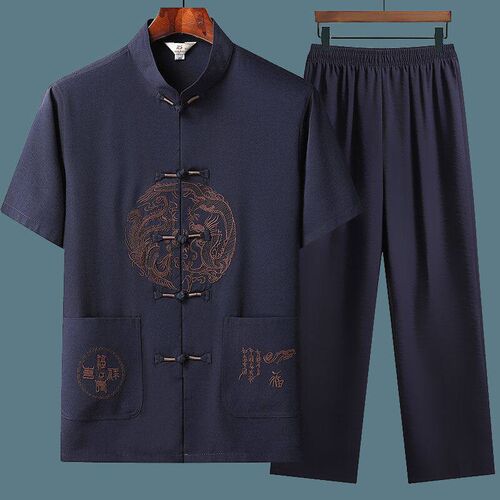 Tang Suit Mens Middle-aged and Elderly Short-sleeved Ice Si