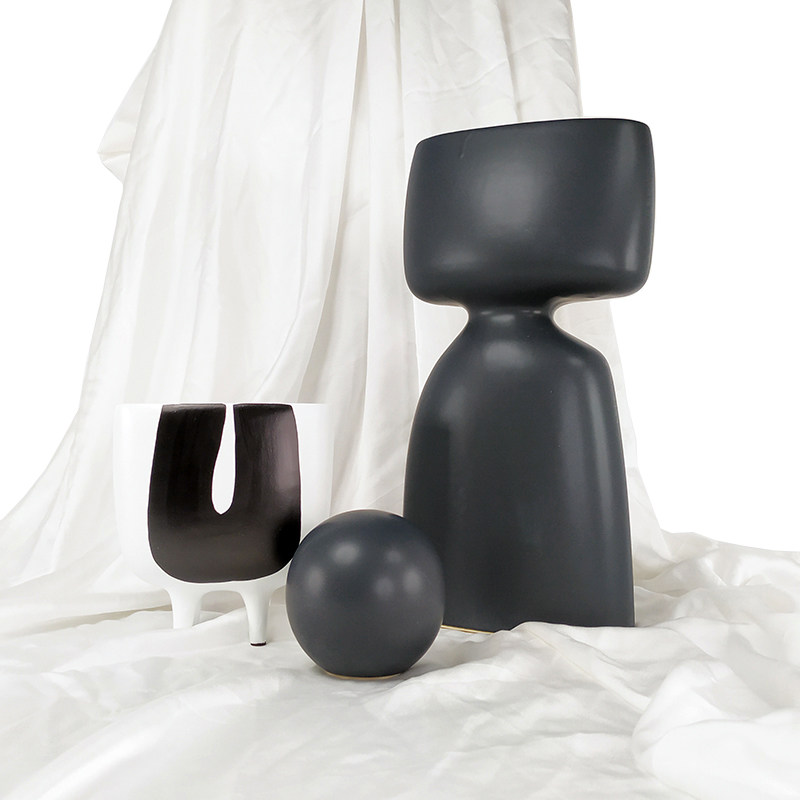 现代极简样板房设计师客厅黑白陶瓷花瓶花器花插书房摆件花盆,家居饰品,花瓶,淘宝优惠券,粉丝福利购,淘宝优惠卷