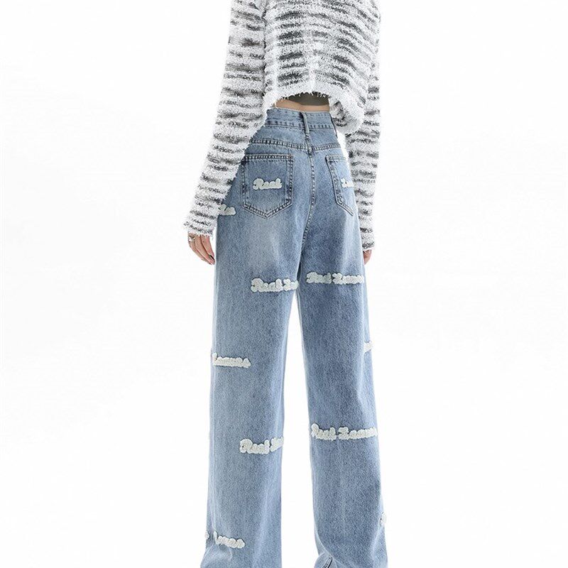 GUUZYUVIZ High Set Embroidered Jeans Woman Loose Wide Leg St
