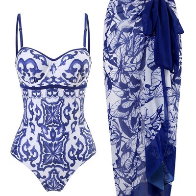 2023 Vintage Print One Piece Swimsuit Female Push Up Swimwea