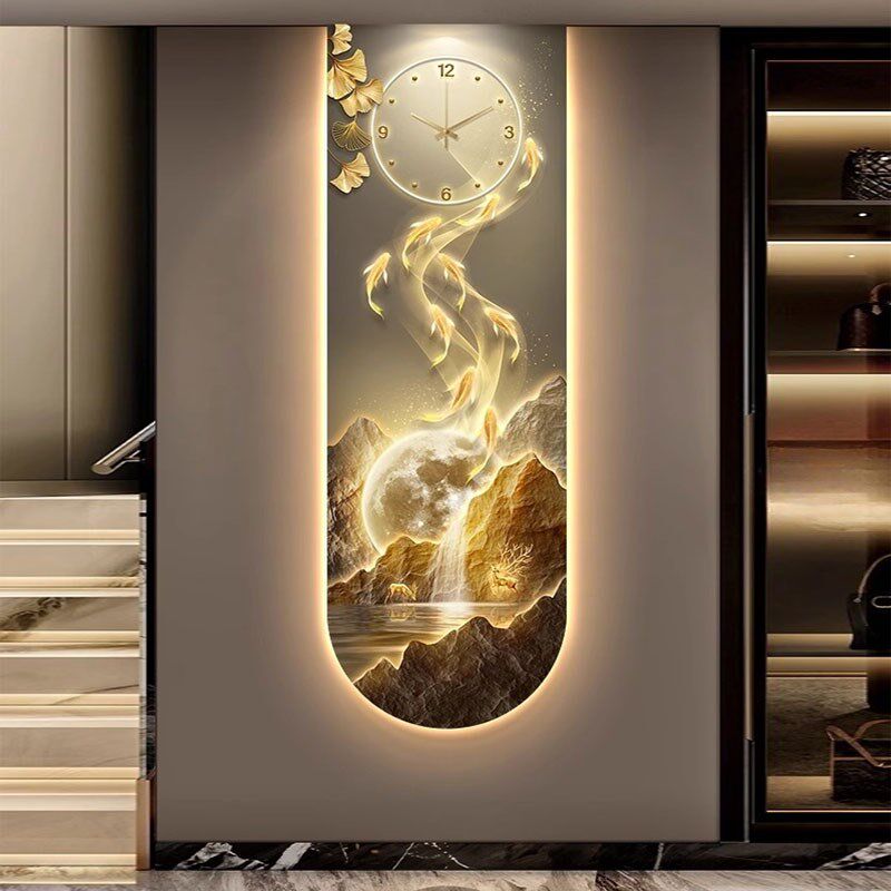 壁灯九鱼图玄关装饰画LED发光静音钟表入户正对门挂钟客厅灯光画,家居饰品,氛围画/灯画,淘宝优惠券,粉丝福利购,淘宝优惠卷