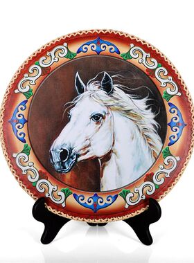 蒙古族特色皮画民族风圆盘画摆台手工压花装饰画内蒙古工艺礼品