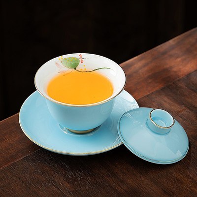 手绘白瓷三才盖碗盖杯茶备羊脂玉瓷泡茶器敬茶碗大陶瓷茶具茶杯单