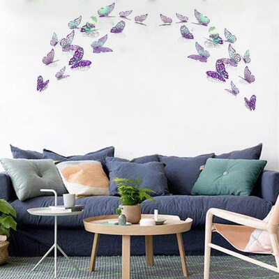 12Pcs 3D Butterflies Wall Stickers Hollow Purple Blue Butter