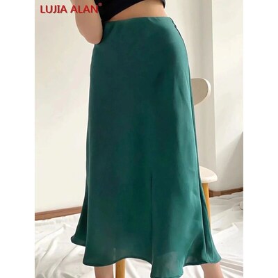 Hot Sale Solid Satin Elastic Waist Women A-Line Skirt Summer