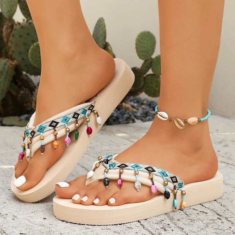 Fashion Colorful Tassel Flip Flops for Women 2025 Summer - 实物图