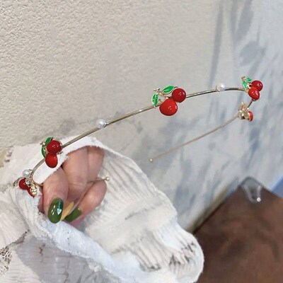 Lystrfac Korean Cute Cherry Alloy Pearl Headband for Women G