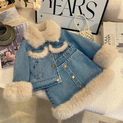 Childrens Sets Girls Fleece-Lined Denim Set Korean Winter