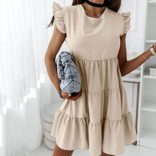 New Party Dress Ruffle Round Neck Short Sleeve Solid Color