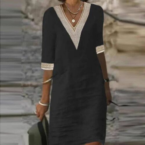 Women Cotton Linen Dress Summer Fashion Solid Color Hallow O