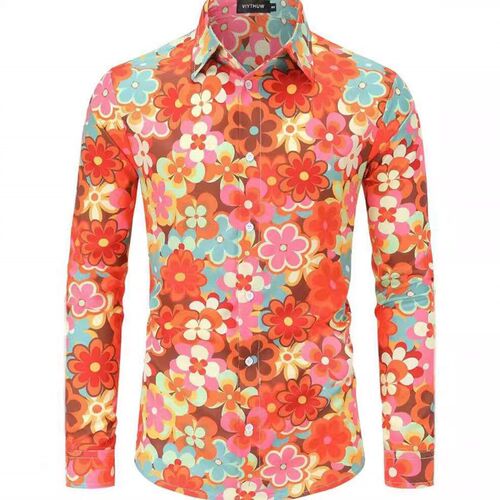 Hippie mens vintage disco hip-hop floral long sleeved