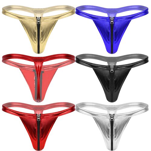 TiaoBug Men Glossy Zipper Front Bulge Pouch T-Back Thongs Bi
