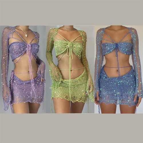 Crochet Knitted Dress Two Piece Skirt Sets 2023 Summer Women