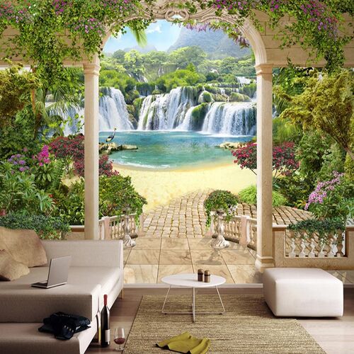 Custom 3D Photo Wallpaper Garden Balcony Waterfall Landscape