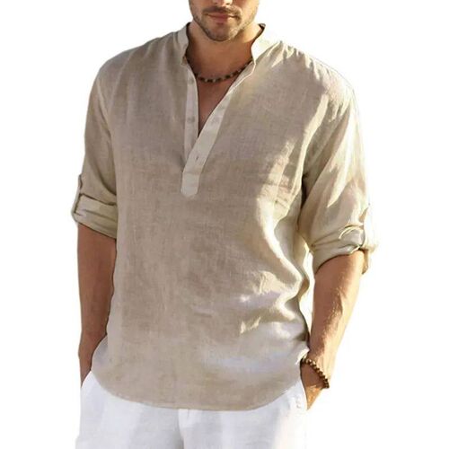 New Mens Linen Long Sleeve Breathable Shirt Solid Color Cas