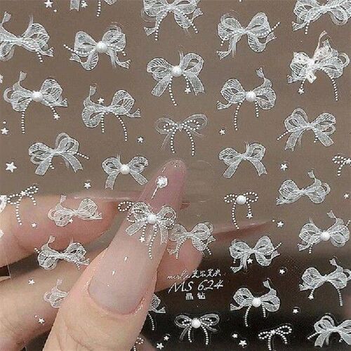 Pearl Lace Bow Shape Nail Sticker With Diamonds Relief