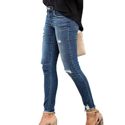 New Mid Waist Skinny Jeans Women Vintage Distressed Denim Pa