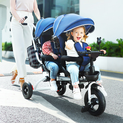Twin Tricycle Childrens Baby Carriage Double Sitting Pedal
