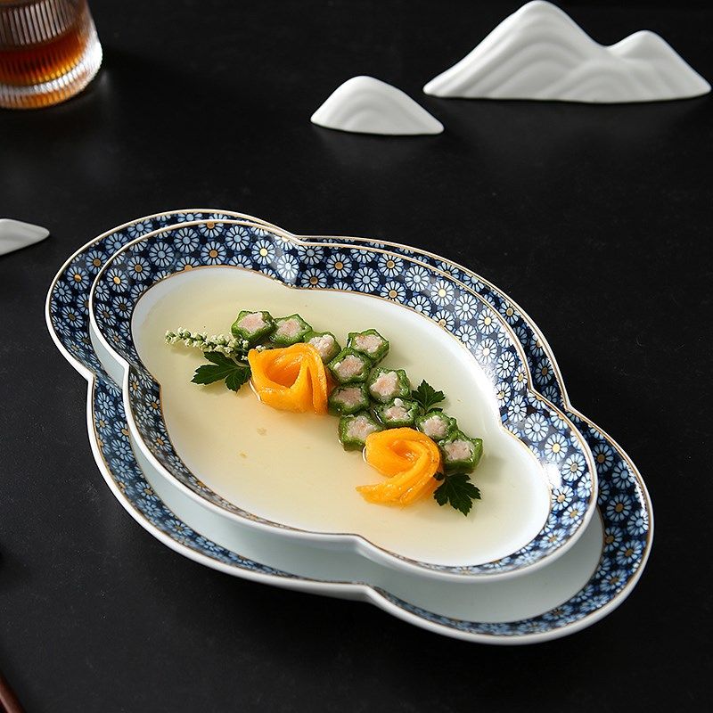 中式浮雕青花旦形如意深盘9寸10寸创意会所酒店餐具冷菜盘子热菜