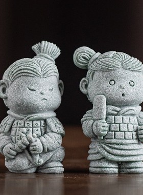 创意卡通兵马俑茶宠摆件中式将士手把件博古架摆设造景桌面装饰品