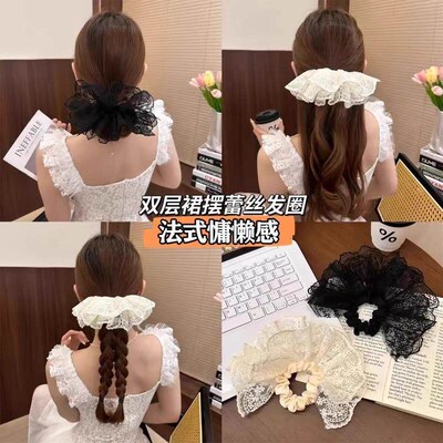 Double-layered lace hair scrunchie, large French white bow w