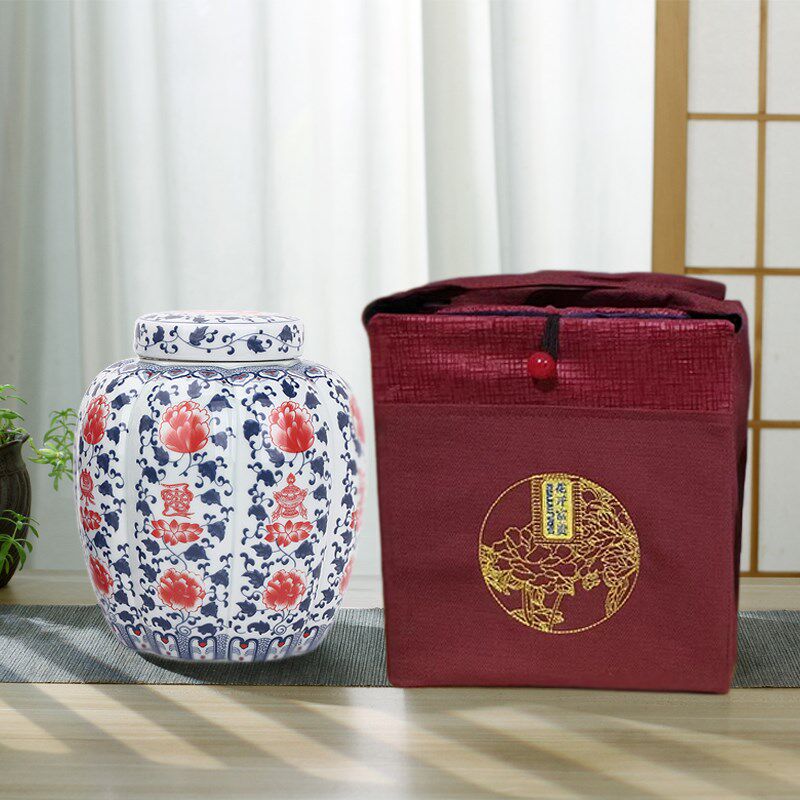 青花瓷茶叶罐寿桃密封储存罐红绿茶通用包装盒中式茶罐布袋礼盒装图片