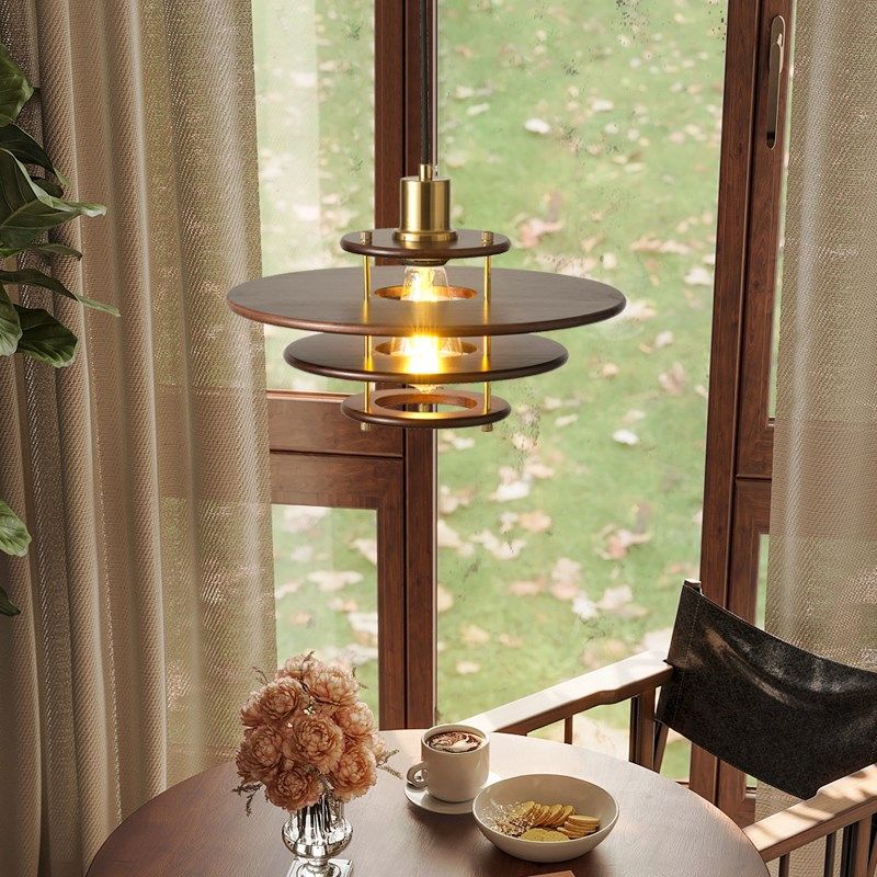 中古风实木飞碟餐厅吊灯复古胡桃木吧台侘寂风餐桌设计师装饰灯具,家装灯饰光源,餐厅吊灯,淘宝优惠券,粉丝福利购,淘宝优惠卷