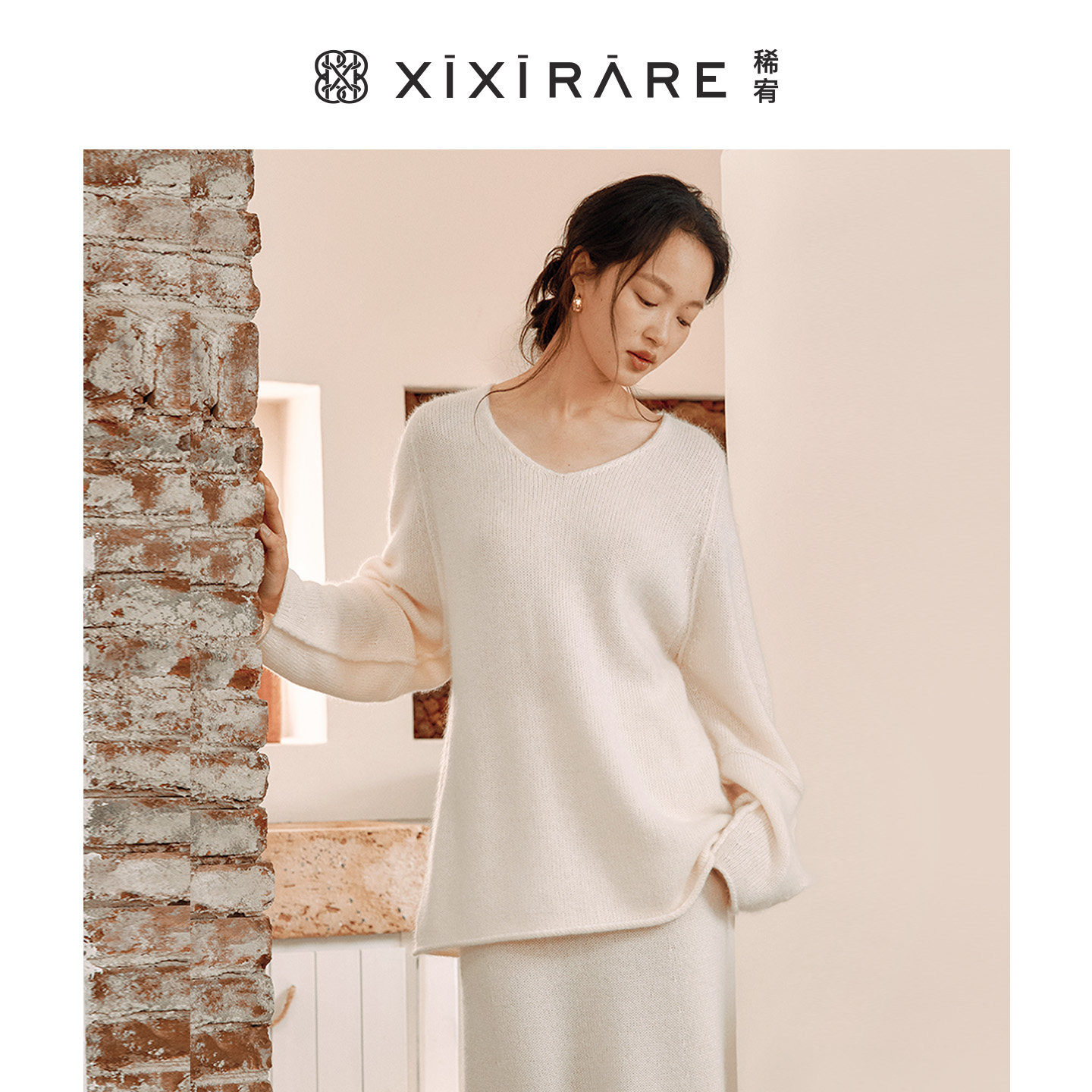 xixirare/稀宥女装山羊绒针织毛衣女宽松套头针织衫