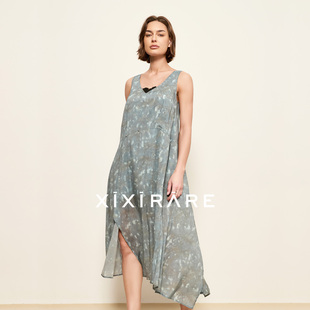 xixirare稀宥女装无袖印花连衣裙不对称下摆显瘦度假中长裙大摆裙