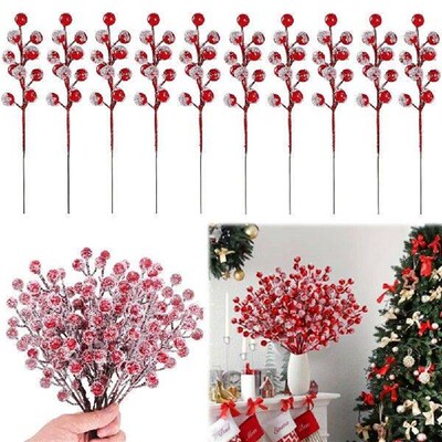 10Pcs Snow Frosted Red Berry Stems Holly Frosted Berry