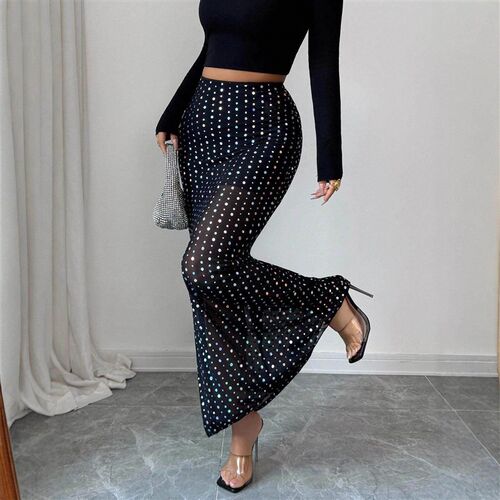 Double layered mesh dress with hot sequins, high waist,