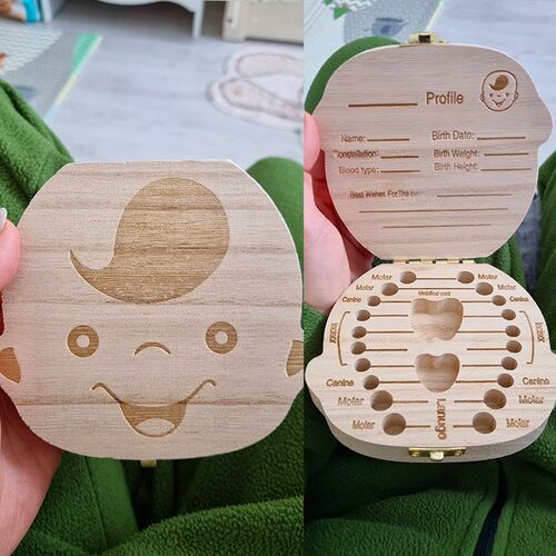 Baby Wood Tooth Box Organizer Milk Teeth Storage Language Sp