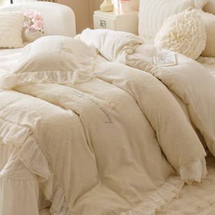 冬季法式床盖雕花加厚四件面绒加绒珊瑚绒蕾丝花边被