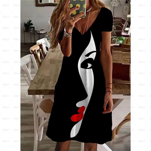 Vintage Face Print Women Dress V-Neck Half Sleeve A-Line