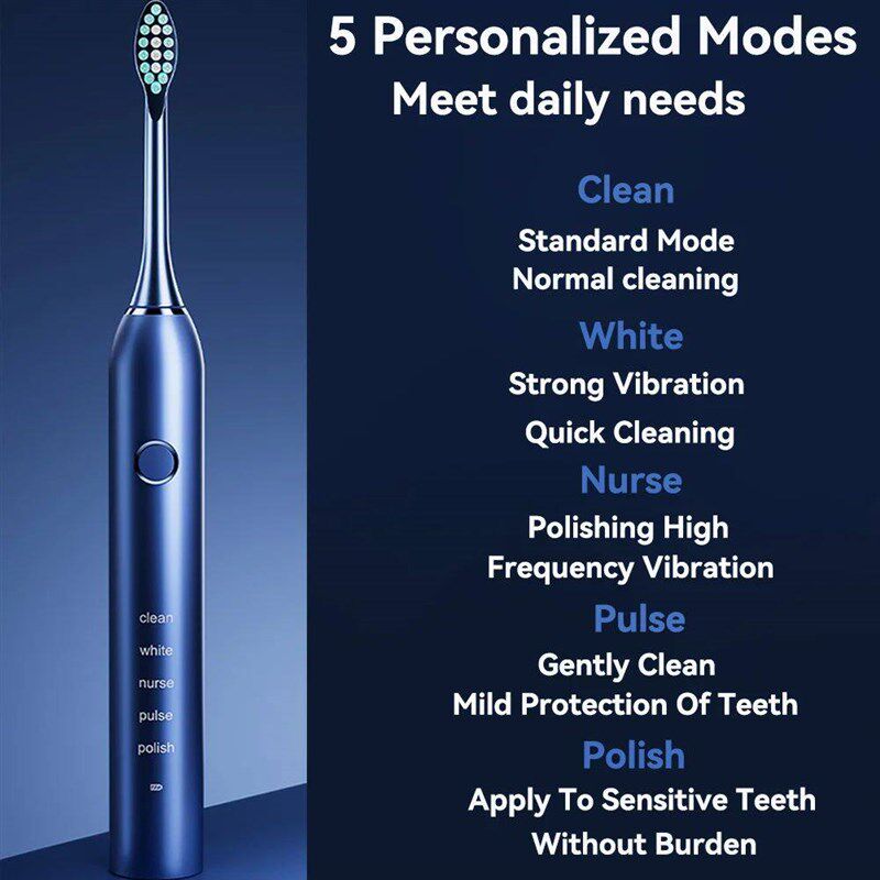 Sonic Electric Adult Toothbrush Rechargeable With 4 Replacem