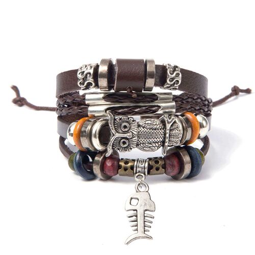 Turquoise Mens Woven Leather Beaded Brlet Multi-layer Penda